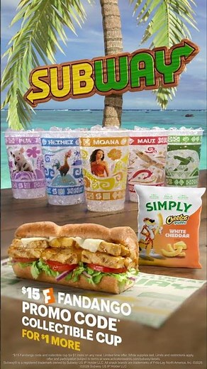 Get a $15 Fandango Promo Code + a collectible cup when you upgrade any meal at Subway for $1 more