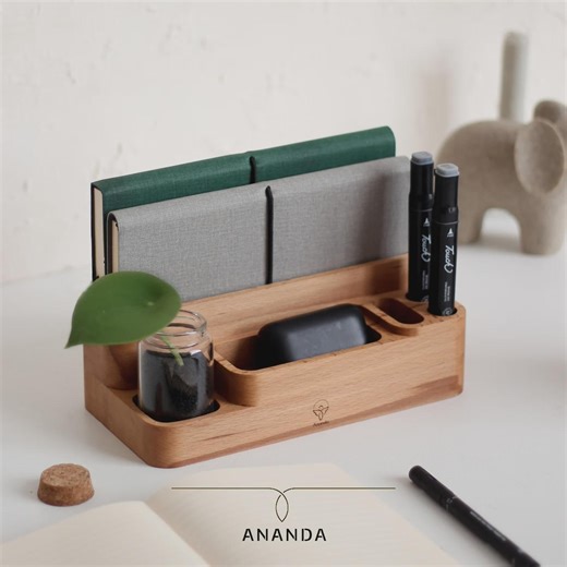 Personalized Wooden Desk Organizer – Pen, Phone, Book Stand & Vase - Etsy