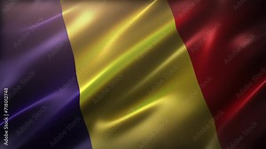 The National Flag of Romania, high-angle, full frame perspective view, waving in the wind, realistic with a cinematic look and feel, and elegant silky texture, CG animation seamless loop-able.