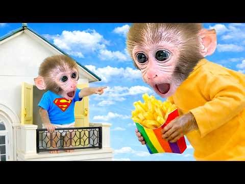 Der kleine Affe BonBon trifft im Park auf einen riesigen süßen Affen mit einer großen Tüte Pommes