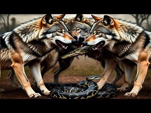 Intense battle of 3 wolves with a snake on the battlefield