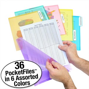 Ultimate Office PocketFile™ Clear Poly Document Folder Project Pockets, 3rd-Cut, Letter Size, in 6 Assorted Colors, Set of 36