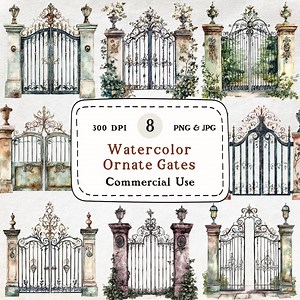 Watercolor Ornate Gates Clipart | Vintage Garden Gate | Elegant Ironwork Clip Art | Commercial Use | Victorian, Fantasy, Digital Download - Etsy