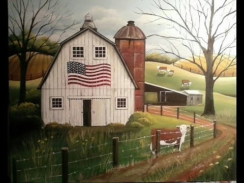 Folk Art Painting- Primitive Folk Art ~ A White Barn in Acrylics Cindy Landi