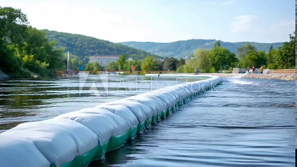 Innovative inflatable dam solutions for efficient temporary water control, highlighting sustainable hydropower operations, sediment control, river health and renewable energy performance. Stock Video