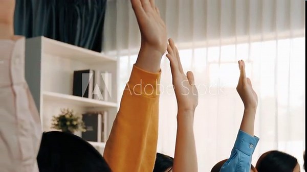 Group of interviewee candidate in colorful casual wearing line up for vacancy interview sitting on the chair. Intern raise hand. Job opportunity recruitment for HR agency and vacancy concept. Synergic Stock Video