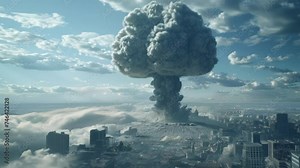 nuclear bomb mushroom cloud over fantasy landscape made with generative AI