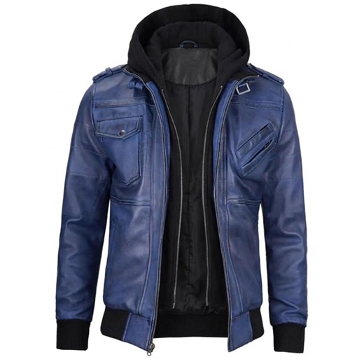 Blue Leather Bomber Jacket With Detachable Hood – Men's Real Lambskin Leather Biker Jacket, Slim Fit Streetwear - Etsy