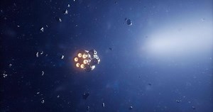 Realistic CGI Spaceship navigating through an asteroid field in deep space