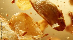 Close-Up Shot of Potato Chips Shattering into Fragments and Flying Around, Dynamic Camera Shake in 4K Resolution