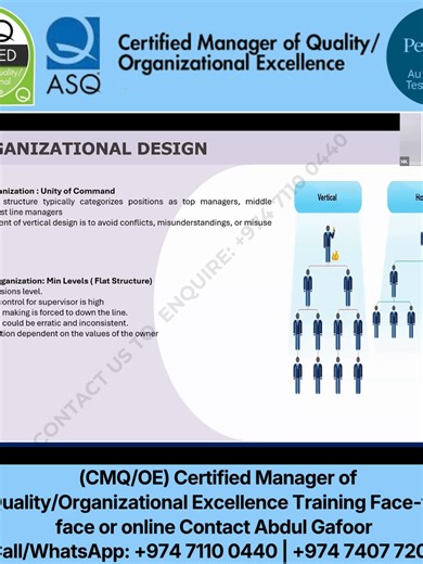 Advance your career with the CMQ/OE® – Certified Manager of Quality / Organizational Excellence training by Business Management Training Centre Qatar in collaboration with American Society for Quality (ASQ). This globally respected certification is designed for professionals leading quality management, process improvement, operational excellence, and strategic transformation. 📅 April 2026 Batch ⏱ 40 Hours 📆 Starts: 10th April 2026 🗓 Fri (2–5 PM) | Sat (7–9 PM) 💻 Live Online (Zoom) 📘 What Yo