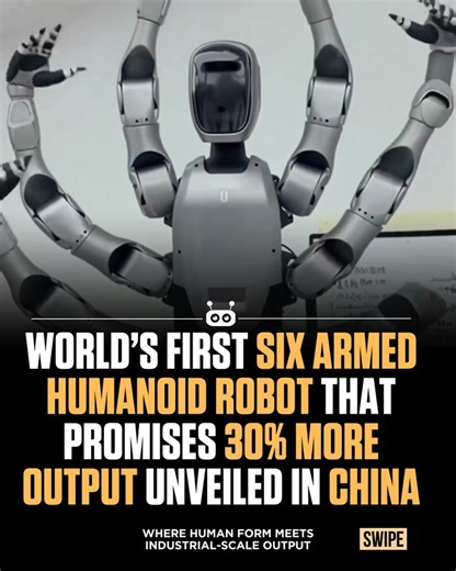 AI & Robotics on Instagram: "Chinese appliance manufacturer Midea has revealed a six armed humanoid robot designed specifically for factory environments, signaling a push toward higher productivity and more flexible automation on industrial floors. The robot, known as MIRO U, combines six coordinated robotic arms on a mobile base, allowing it to assemble components, lift heavy loads, swap tools, and perform multiple tasks at the same time within a single workflow. Midea says the system can deliv