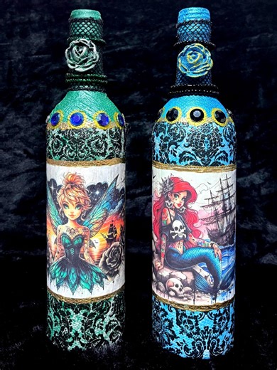 Upcycled Decoupaged Gothic Disney Inspired Tinkerbell and the Little Mermaid: Decorative Wine Bottle - Etsy