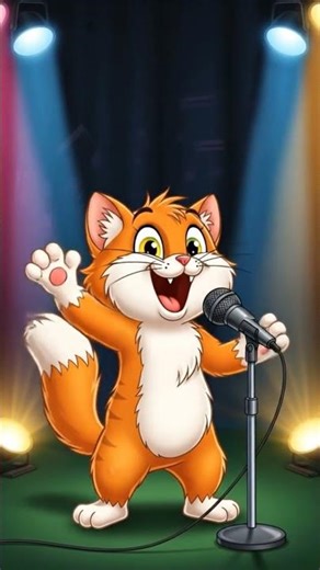 Cute cartoon cat singing with microphone, music notes around, stage lights