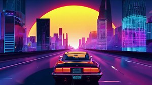 Download City sunset loop driving background with retro 80's electric Synthwave. for free
