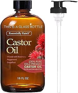 Castor Oil 16 Fl Oz (Glass Bottle) - Rosemary Peppermint Grapefruit Infusion - A Huge Glass Bottle with a Pump - 100% Pure and Natural, Cold Pressed, and Hexane-Free - Hair Oil, Body Oil