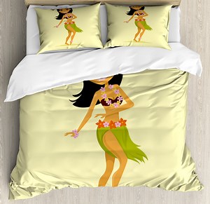 Luau Duvet Cover Set King Size, Exotic Cartoon Illustration of Hawaiian Dancer Girl in Folk Clothes, Decorative 3 Piece Bedding Set with 2 Pillow Shams, Pale Yellow and Multicolor, by Ambesonne