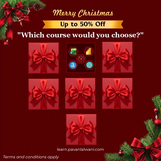 Pavan Lalwani | Master AI on Instagram: "🎄 Christmas Offer Coming Soon! 🎄 👉 Which course will you choose this Christmas? Something special is on the way. Get ready for exclusive discounts on Excel, Power BI, DAX, and Data Analytics courses ideal for students and working professionals. ⏳ Limited-time Christmas deals 🎁 Special discounts on individual and combo courses 📊 Career-focused skills to help you grow faster Stay tuned—the Christmas offer launches very soon. 🔔 Turn on notifications so