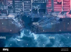 This picture taken from video shows damaged parts of the fuel tanker MV Stena Immaculate in the northern sea, off the coast of northeast England, Tuesday, March 11, 2025. (Sky via AP Stock Photo - Alamy
