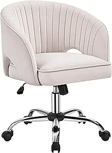 Yaheetech Cute Desk Chair Velvet Vanity Chair with Wheels Home Office Upholstered Modern Swivel Armchair with Tufted Barrel Back for Study, Vanity, Bedroom Cream