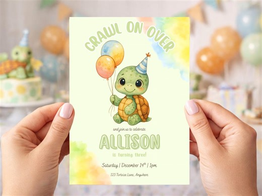 Tortoise Birthday Invitation, Turtle Editable Birthday Invite Template, Under the Sea Party, Kids Tortoise Party Invite - Etsy