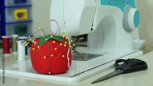 Anonymous woman puts down her scissors in front of a sewing machine and takes a needle or pin from her pincushion.