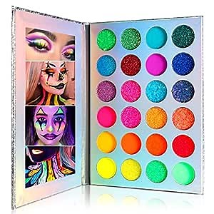 BEUSELF Neon Eyeshadow Palette, 24 Colors Highly Pigmented Fluorescent Makeup Pallet Glow in the Dark, UV Glow Blacklight Matte Glitter Rainbow Eye Shadows for Luminous Carnival Party Halloween Makeup