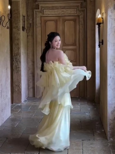 Shen Yue Dazzles in Yellow Chiffon Dress