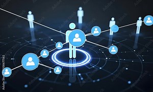 The image depicts a digital representation of a central figure surrounded by glowing silhouettes, symbolizing connection and interaction in a networked environment.