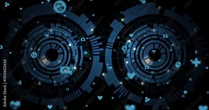 Futuristic digital interface with circular patterns and technology icons animation