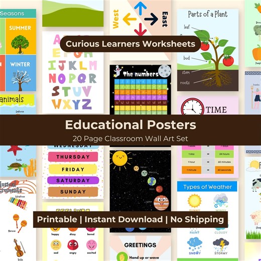 Educational Posters for Kids Printable, 20 Page Classroom Wall Art Set, Preschool Learning Decor, Homeschool Printable Pack, Printable PDF - Etsy