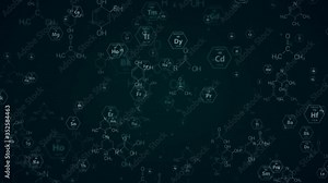 Periodic elements and chemistry structural formula.Seamless zoom in animation.Follow through chemistry formulas and periodic elements.Green.