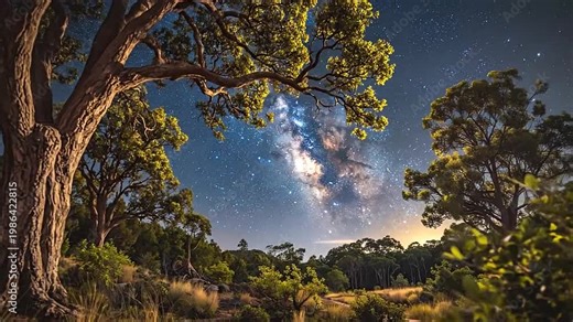 A large tree stands tall under a beautiful night sky filled with countless stars and galaxies