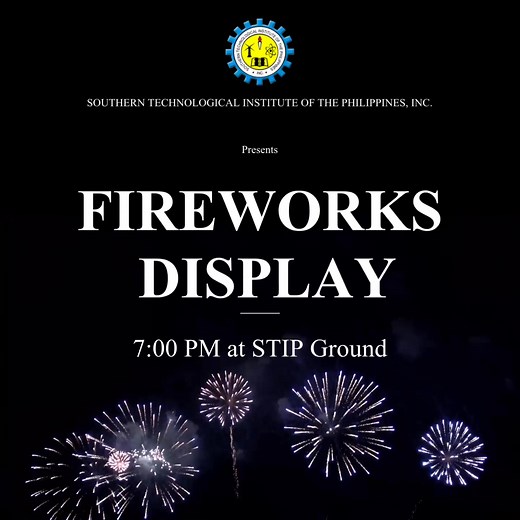 The Golden Celebration continues! Don’t miss our Fireworks Display later 7PM tonight at STIP Ground. See you STIPians! Follow Us: STIP - Student Affairs and Services STIP College of Teacher Education STIP - College of Criminology STIP-Bachelor of Library and Information Science STIP- High School Department #STIP@50 #stipgoldenexcellence | STIP - Southern Technological Institute of the Philippines, Inc.