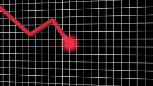 Download Animated red line graph showing a downward trend on a black grid background. Chart animates decline and loss with a glowing arrow. 3D financial or stock market data visualization. for free
