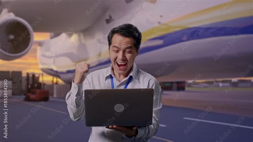 Asian Male Professional Worker Standing With His Laptop at Airport with Massive Cargo Aircraft Loading Freight, He Raises His Fist Up With Screaming Goal
