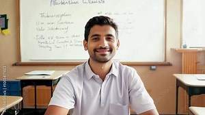 Smiling teacher sitting at a desk in a classroom with a whiteboard in the background