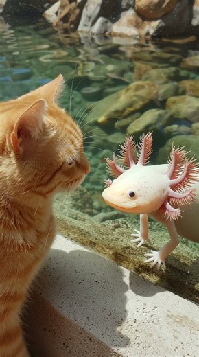Axolotl Swims Up to Cat: Gilly Poolside Pal!