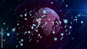 Virus infection growth. Viral pandemic, epidemic, medical, coronavirus, health, covid-19, global increase alert symbols on rotating globe loopable endless 3d animation. Abstract concept.