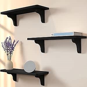 Real Wood Black Shelves for Wall - 17 inch (3 Pack) - Easy to Install, Template and Video Included - Black Wall Shelf, Mounted Wall Shelves, Bedroom Shelves