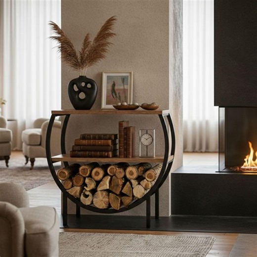 Half-moon Firewood Rack With Shelves, Stylish Indoor Log Holder & Fireplace Decor - Etsy Canada