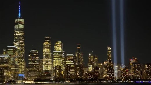 Twin blue beams mark 9/11 against New York’s night sky