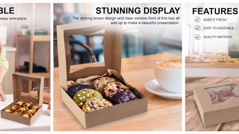MT Products Kraft Cookie Boxes 8" x 8" x 2.5" - Auto Pop-Up Bakery Boxes with Window (Pack of 25) - Made in the USA