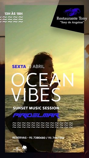 Friday / Sexta 21 Abril OCEAN VIBES Sunset Music Session by @piridelmar Local do Evento @tonydeangeiras 13h às 18h Faz a tua Reserva de mesa Um Ambiente contagiante com uma vista para o mar e rodeado de grandes sonoridades musicais até ao Por do sol ☀ > Esquece tudo o que viste