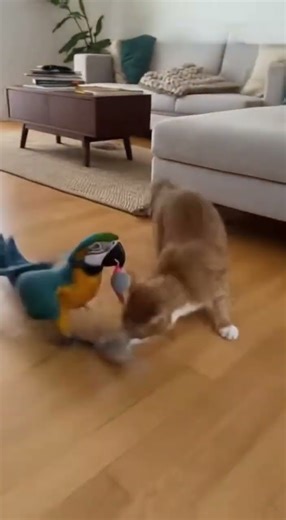 Parrot Flying and Cat's Playful Sliding Chase