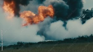 Spectacular rocket engine test firing with intense flames and smoke plumes, highlighting the power