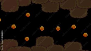 Old style game animation of a dark cave scene with coins in pixel art.