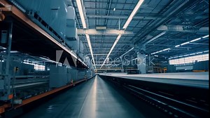 Camera gliding along an empty assembly line in a modern factory showcases advanced manufacturing and automation
