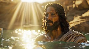 close up Baptism of Jesus Christ in the Jordan River depicting divine grace, and sacred ceremony 4k new stock video footage AI