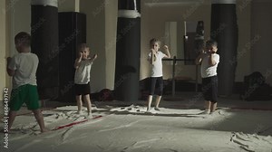 Children stand in fighter positions in martial arts class. Little sportsmen group prepare to do combat exercises in gym slow motion. Small fighters